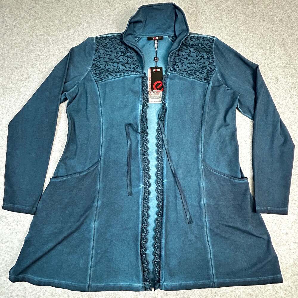 NWT Yest Long Teal Cardigan Wire Collar Womens XXL Tie Front Lace Lightweight